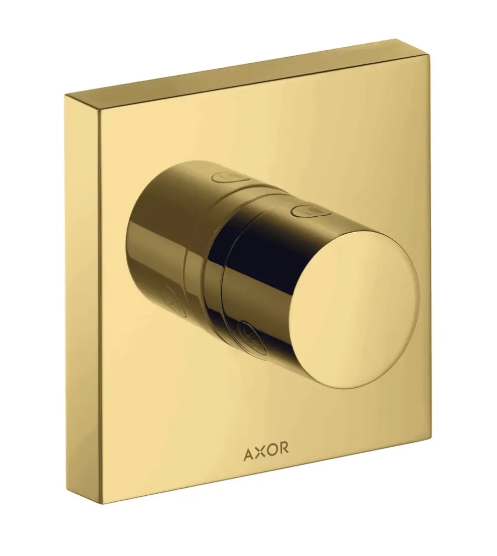 Wandmontiertes Ventil in glänzendem Gold-Finish, rundes Bedienungselement, Hersteller AXOR, rechteckige Grundplatte.